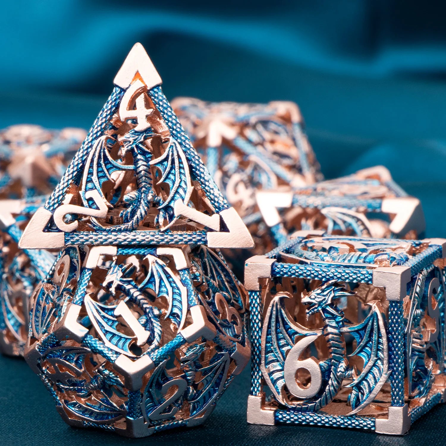 Metal DnD dice set of Copper-azure color