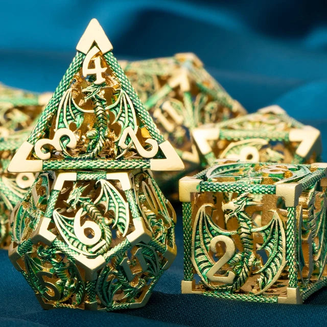 Metal DnD dice set of Gold-emerald color