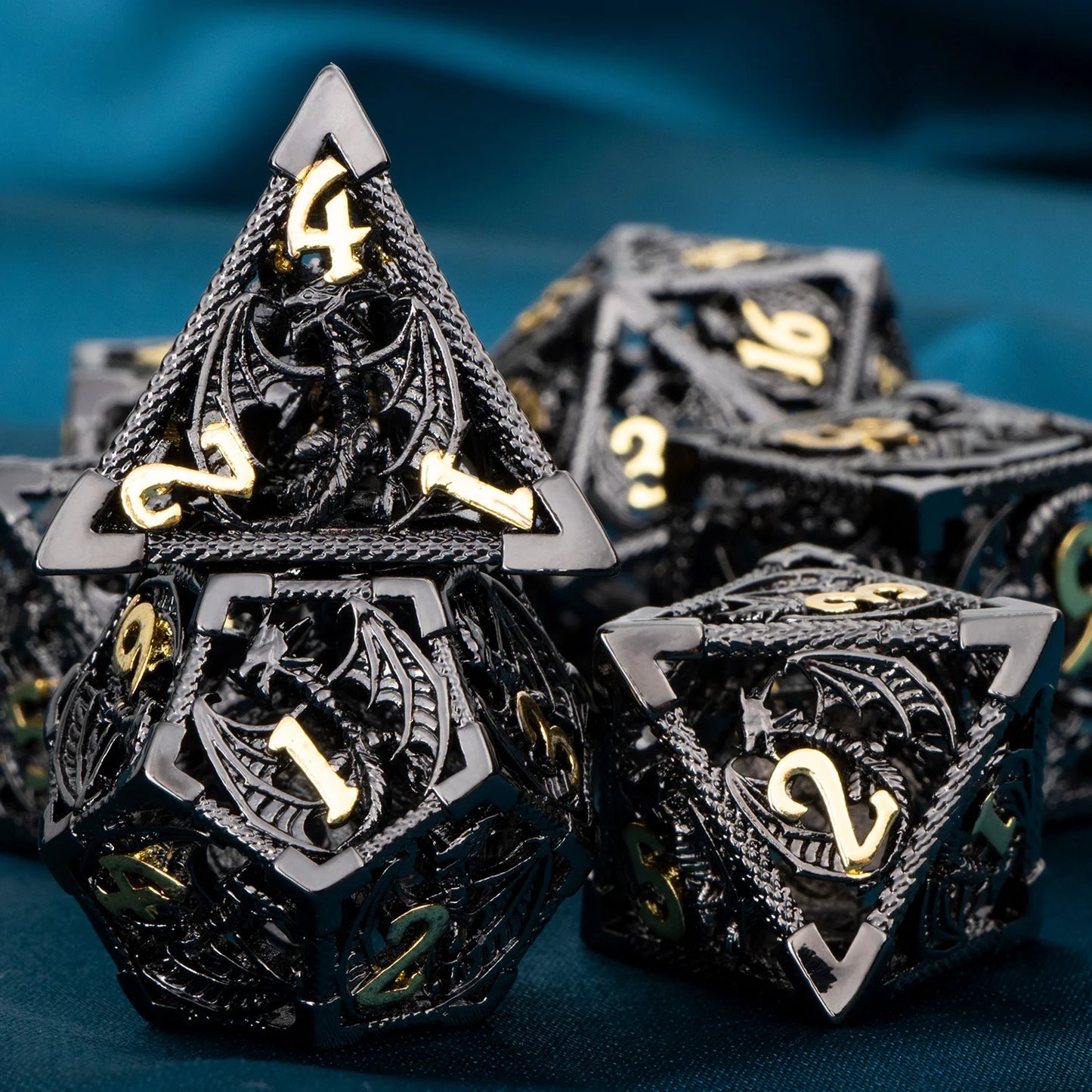 Metal DnD dice set of Obsidian-gold color