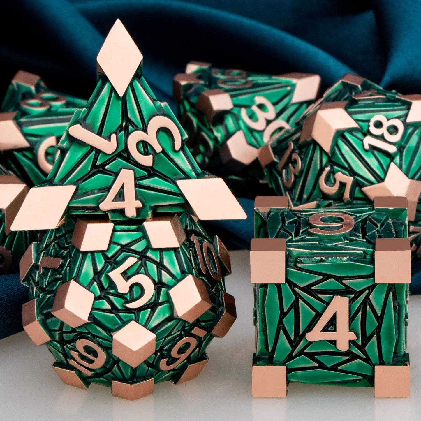 Metal DnD dice set of Copper-emerald color