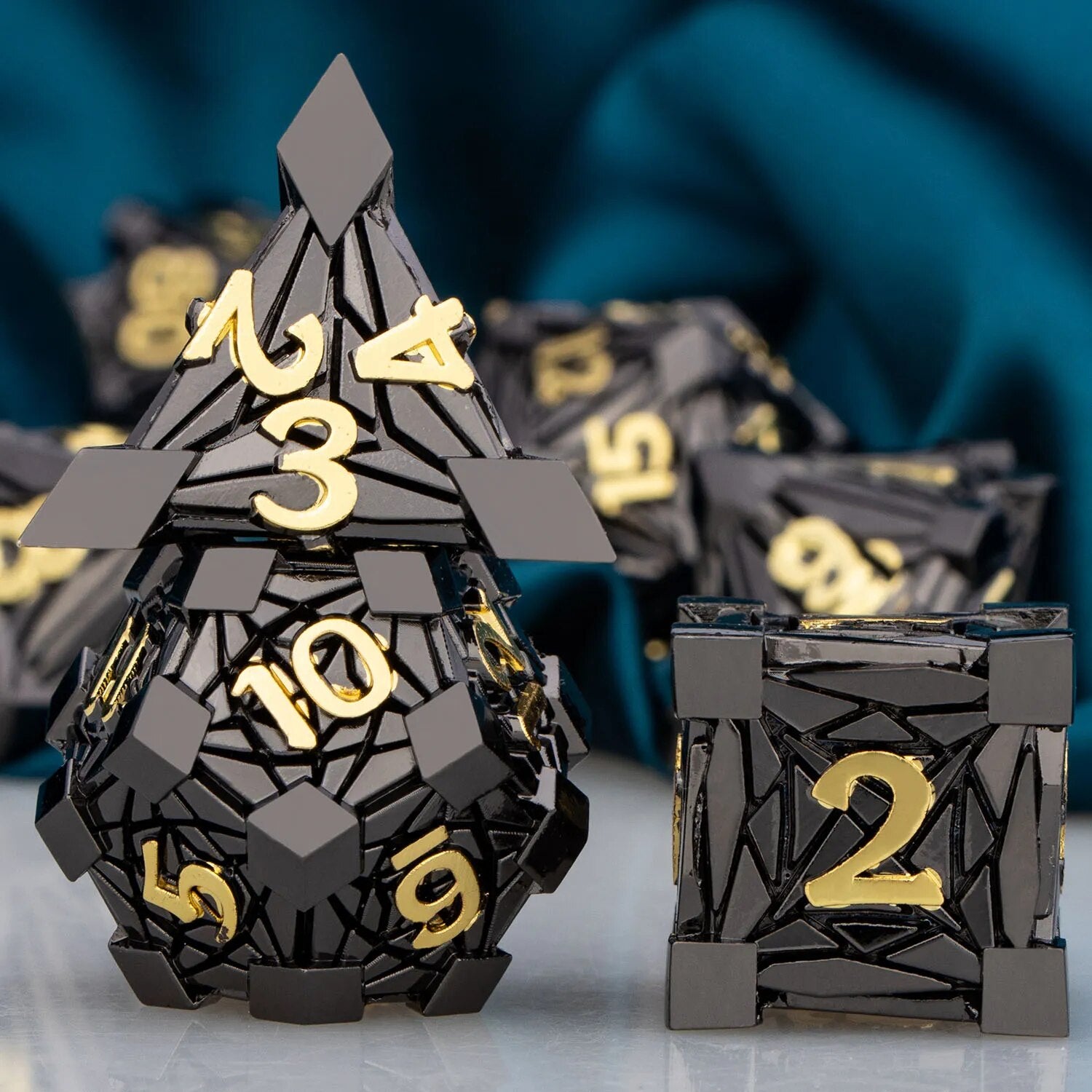 Metal DnD dice set of Obsidian-gold color