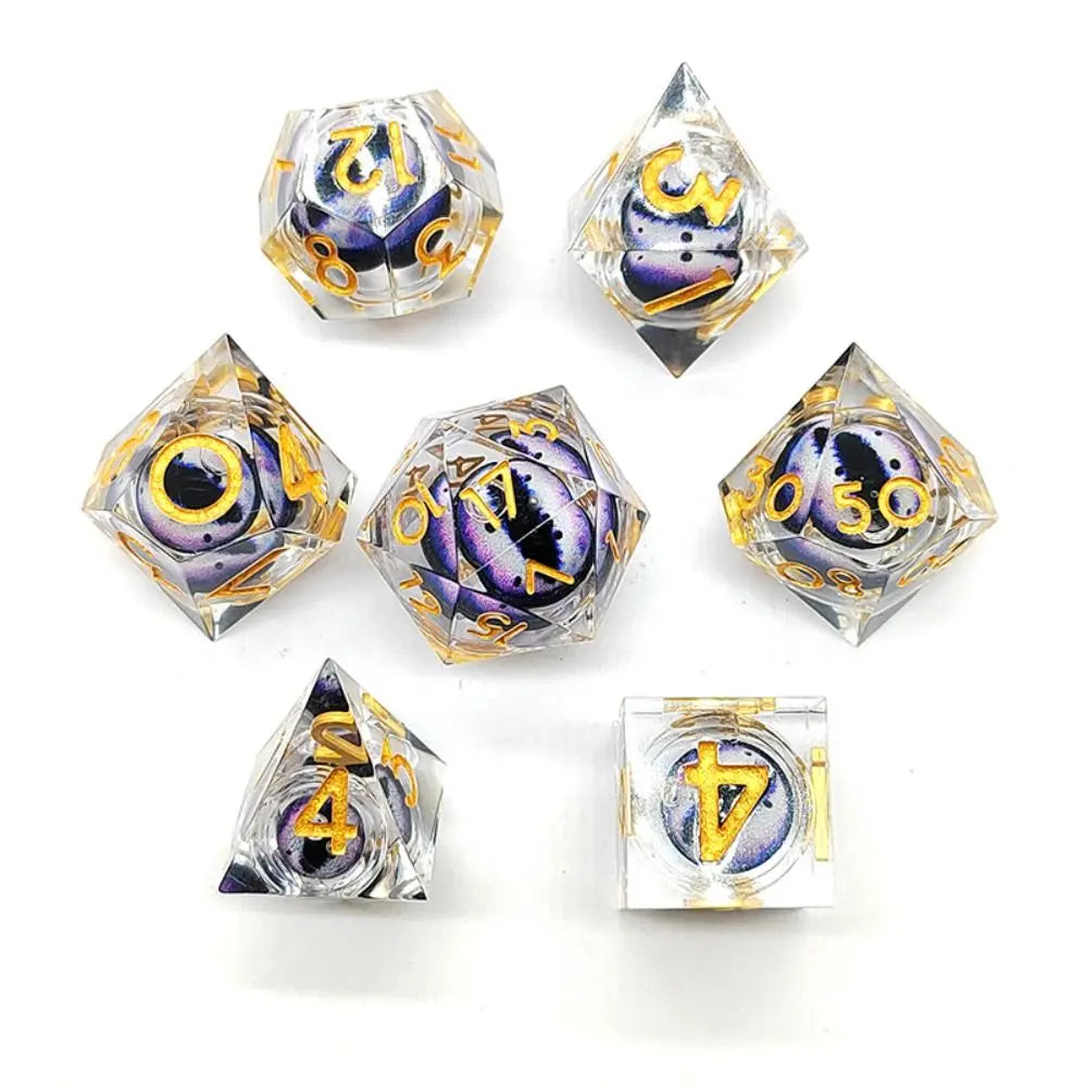 Transparent resin dice with purple eye inside