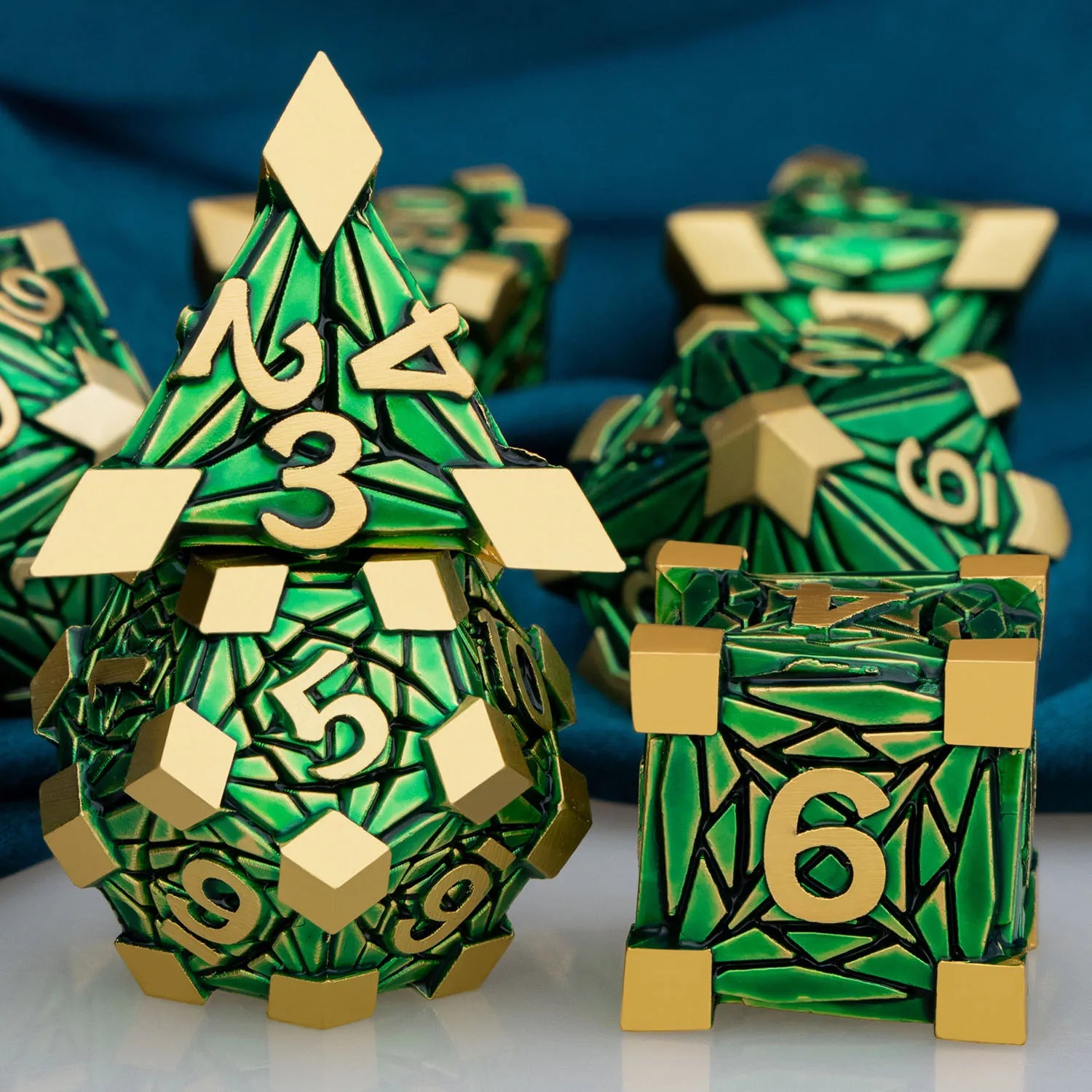 Metal DnD dice set of Gold-green color