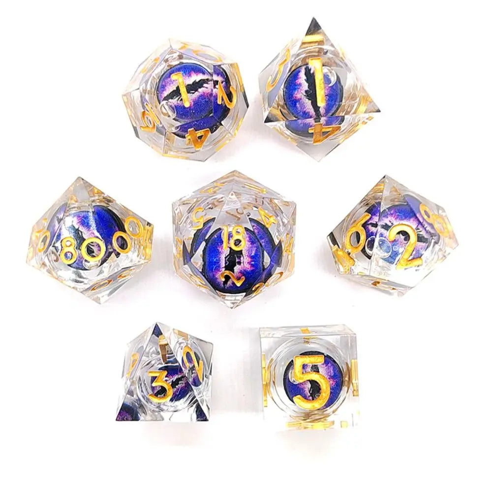 Transparent resin dice with purple eye inside