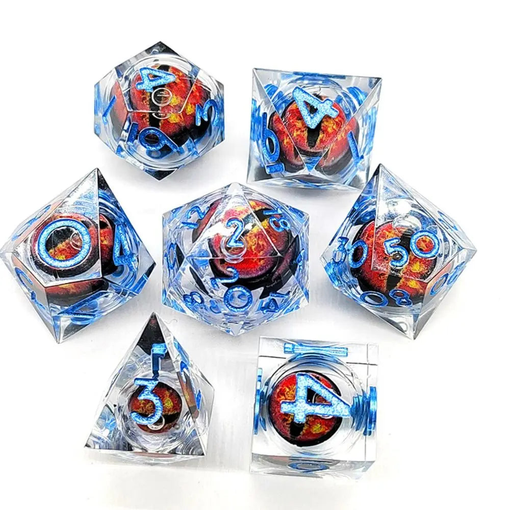 Transparent blue resin dice with red eye inside