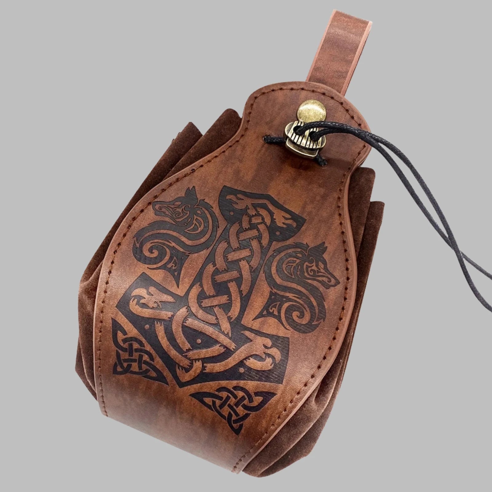 Brown coin pouch with wolf design