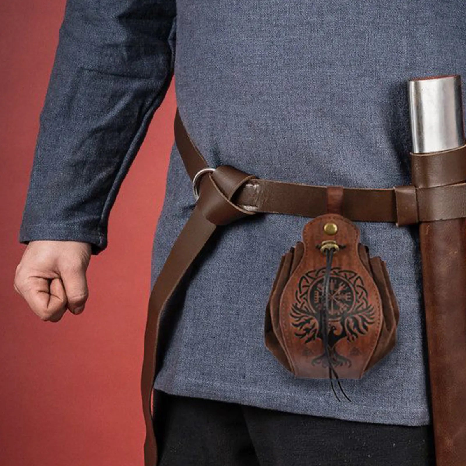 Brown coin pouch attached to belt