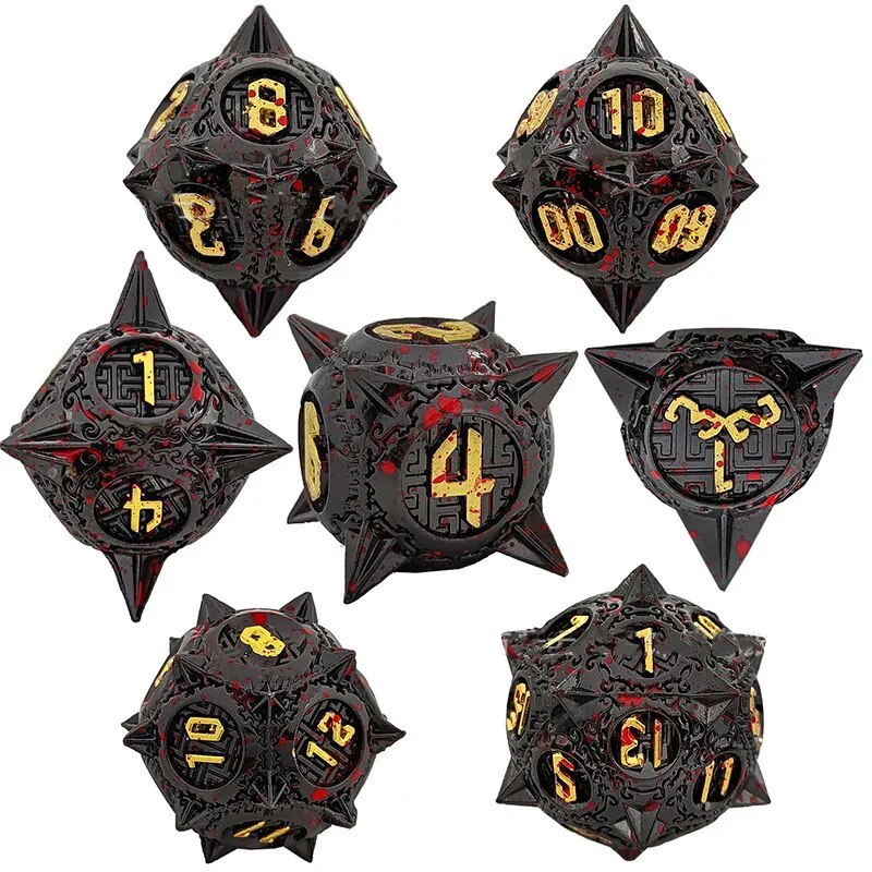 Metal DnD dice set of Bloodied obsidian-gold color