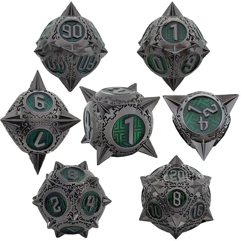 Metal DnD dice set of Steel-green color