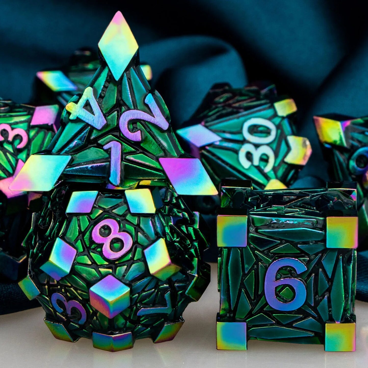 Metal DnD dice set of Rainbow-green color