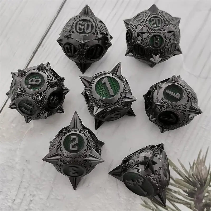 Metal DnD dice set of Steel-green color