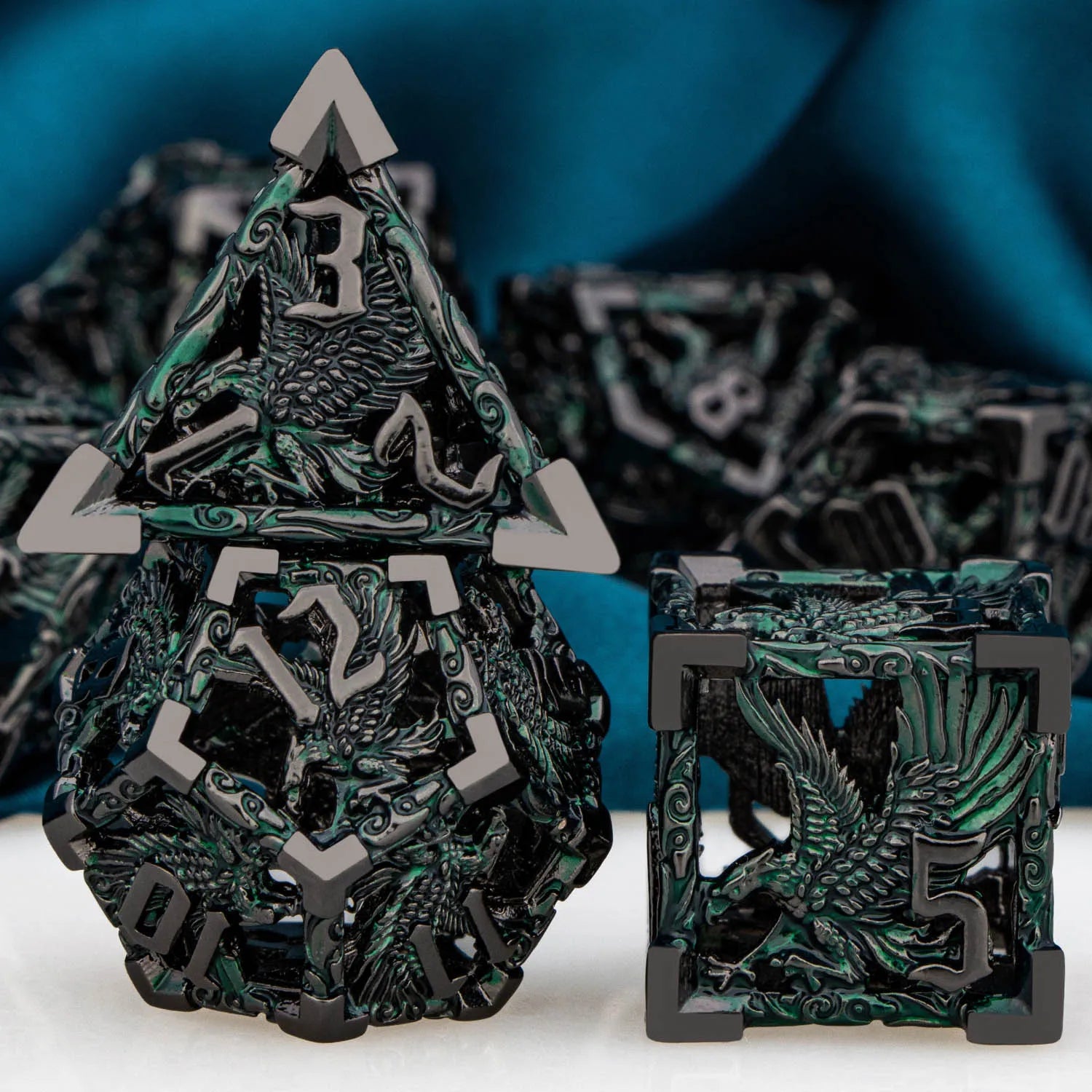 Metal DnD dice set of Steel-emerald color