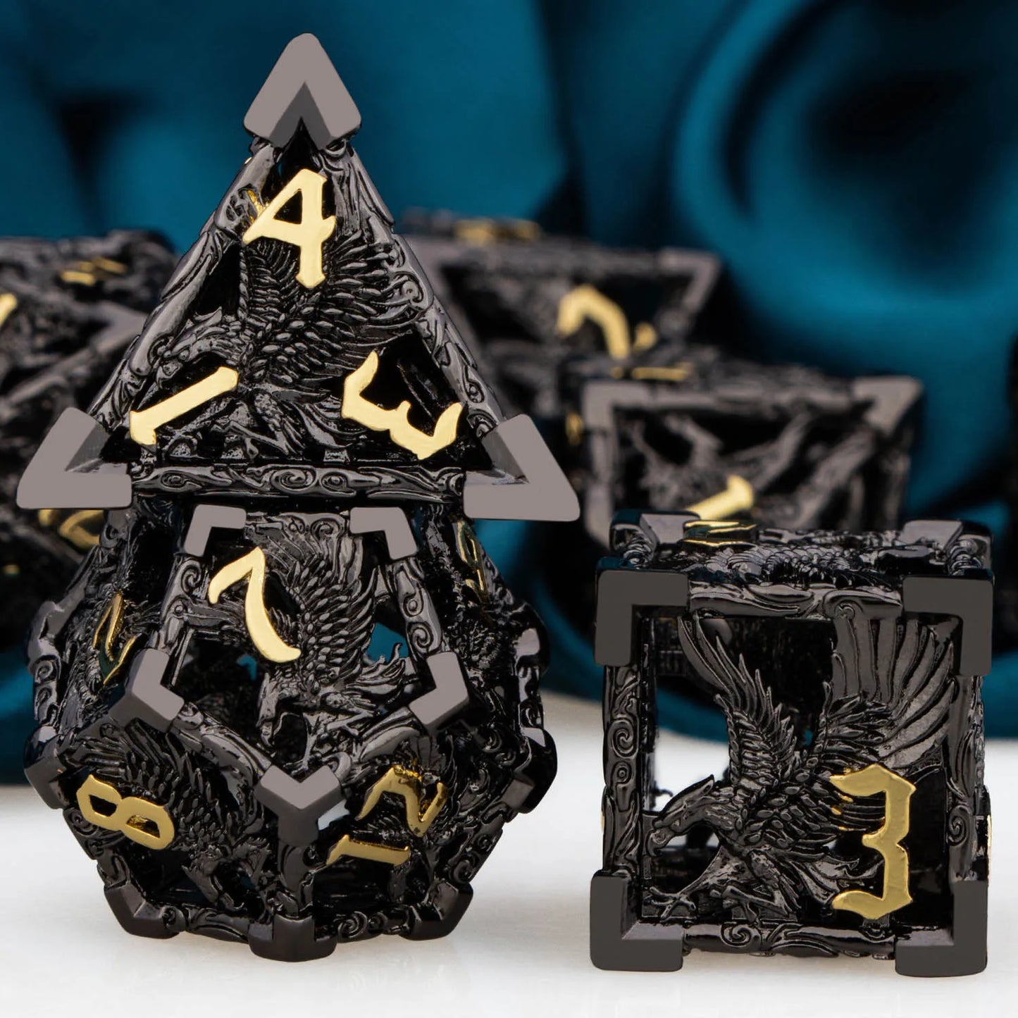 Metal DnD dice set of Obsidian-gold color