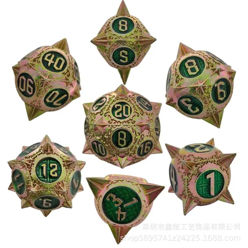 Metal DnD dice set of Ivy-pink color